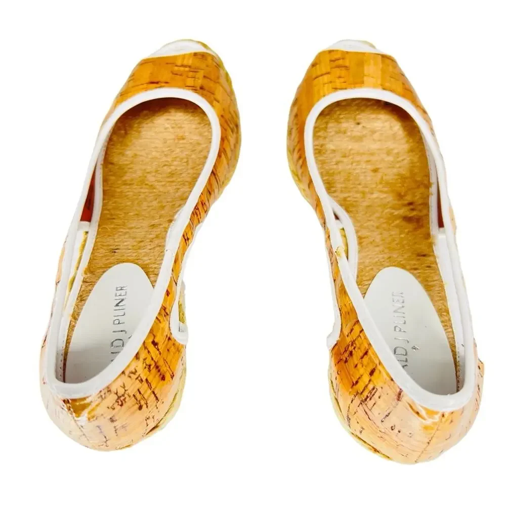 Donald Pliner Shoes 6.5M Charlot Cork Espadrille Wedge Peep Toe Tan White Resort